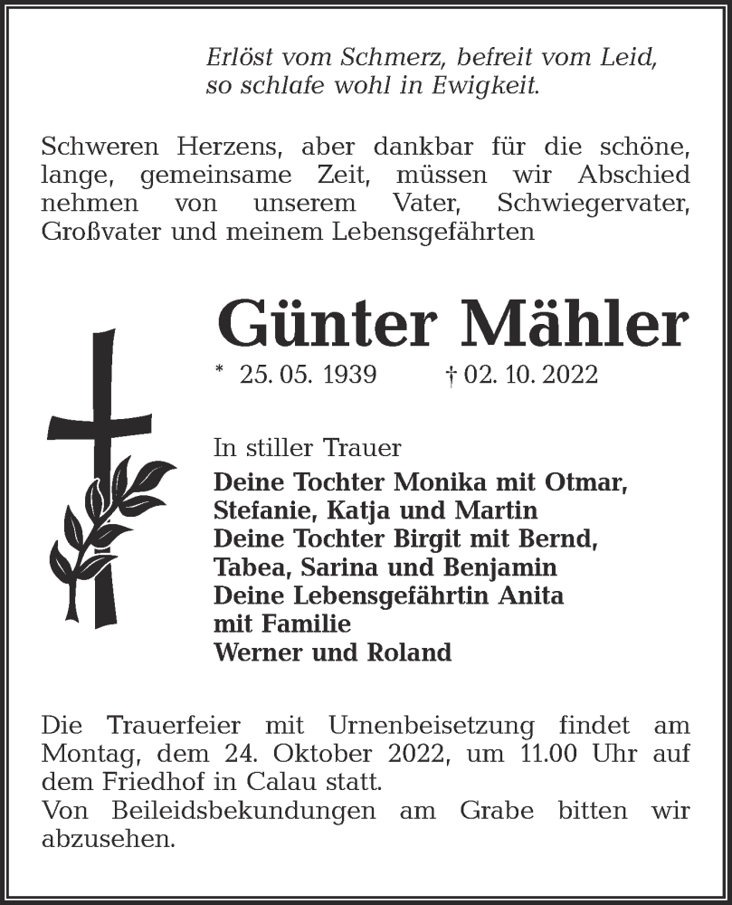  Traueranzeige für Günter Mähler vom 08.10.2022 aus lausitzer_rundschau