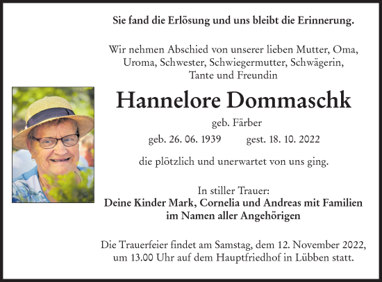 Traueranzeige von Hannelore Dommaschk von lausitzer_rundschau