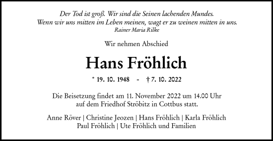 Traueranzeige von Hans Fröhlich von lausitzer_rundschau