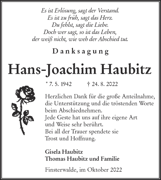 Traueranzeige von Hans-Joachim Haubitz von lausitzer_rundschau