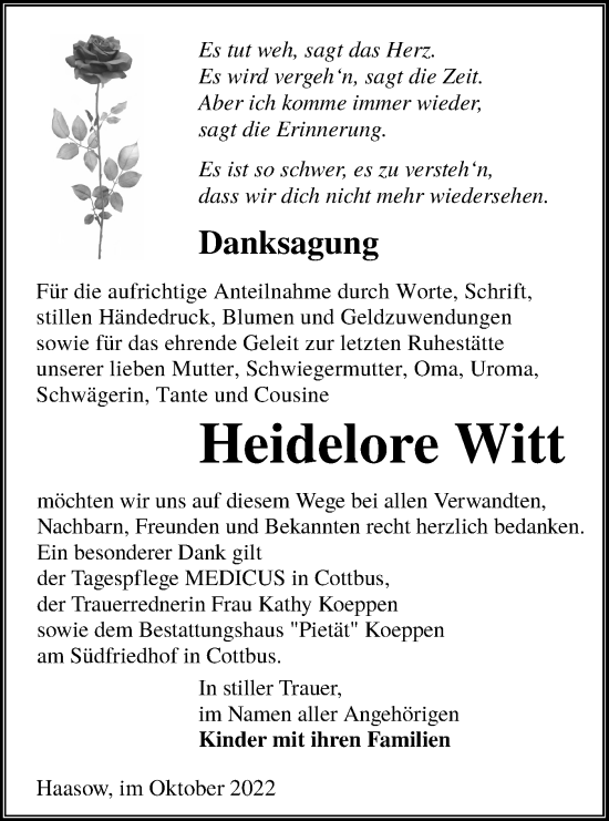 Traueranzeige von Heidelore Witt von lausitzer_rundschau