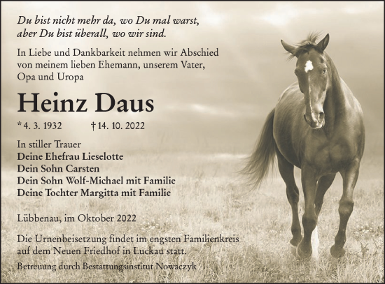 Traueranzeige von Heinz Daus von lausitzer_rundschau