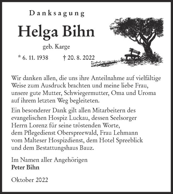 Traueranzeige von Helga Bihn von lausitzer_rundschau