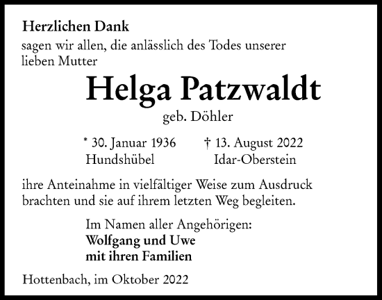 Traueranzeige von Helga Patzwaldt von lausitzer_rundschau