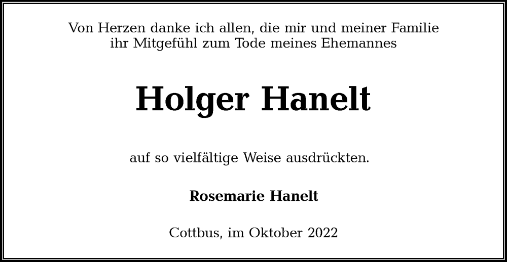  Traueranzeige für Holger Hanelt vom 22.10.2022 aus lausitzer_rundschau
