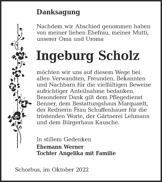 Traueranzeige von Ingeburg Scholz von lausitzer_rundschau