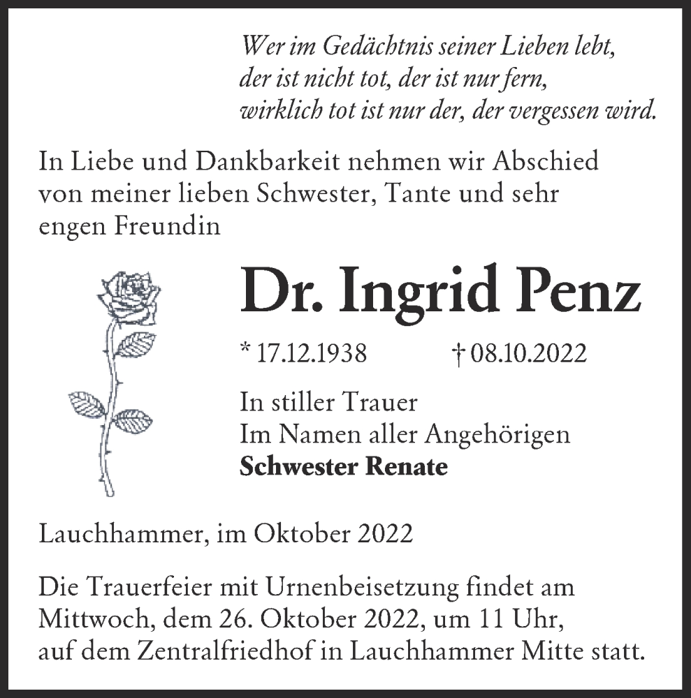  Traueranzeige für Ingrid Penz vom 22.10.2022 aus lausitzer_rundschau