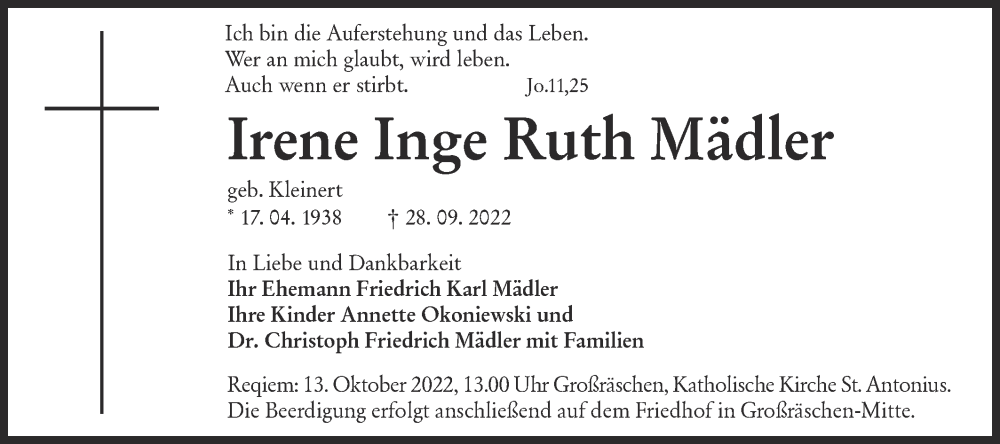 Traueranzeige für Irene Inge Ruth Mädler vom 08.10.2022 aus lausitzer_rundschau