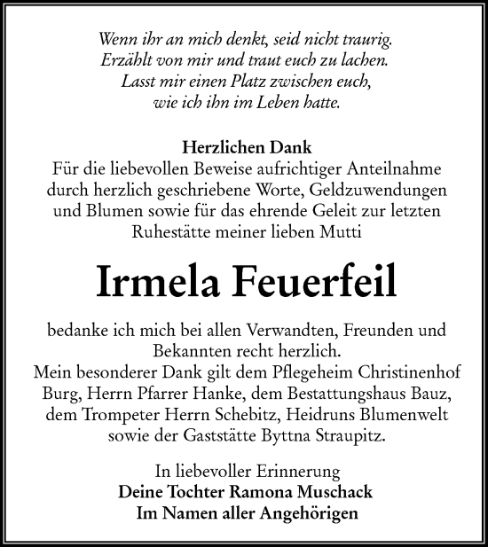 Traueranzeige von Irmela Feuerfeil von lausitzer_rundschau