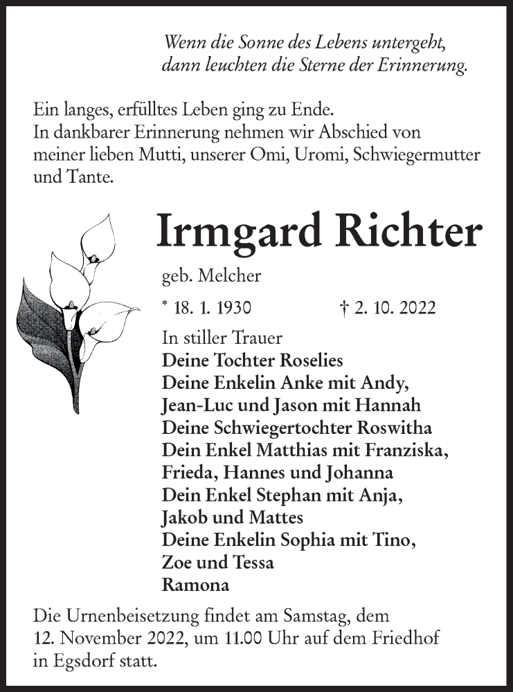  Traueranzeige für Irmgard Richter vom 08.10.2022 aus lausitzer_rundschau