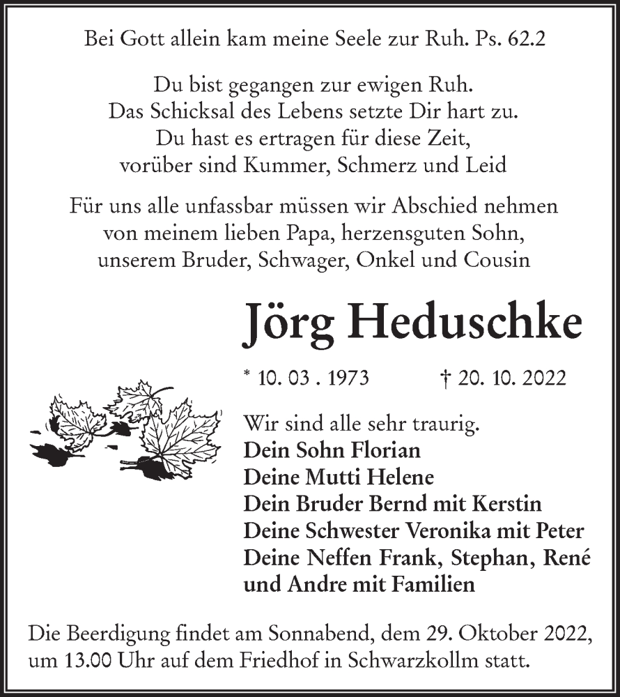  Traueranzeige für Jörg Heduschke vom 27.10.2022 aus lausitzer_rundschau