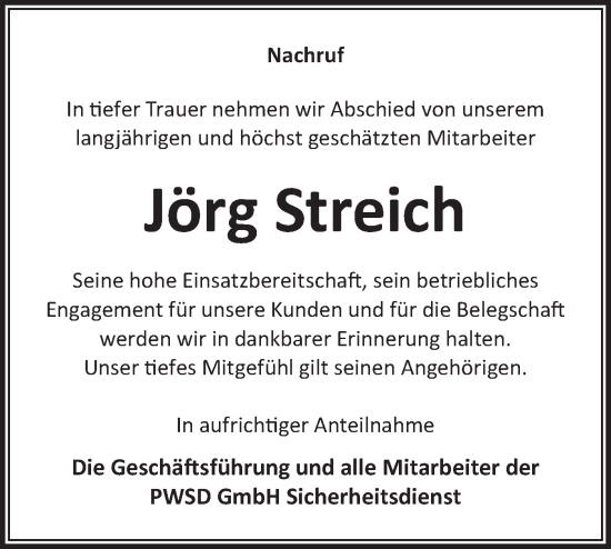 Traueranzeige von Jörg Streich von lausitzer_rundschau