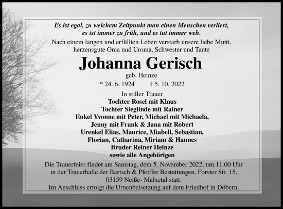 Traueranzeige von Johanna Gerisch von lausitzer_rundschau