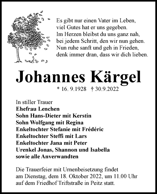 Traueranzeige von Johannes Kärgel von lausitzer_rundschau