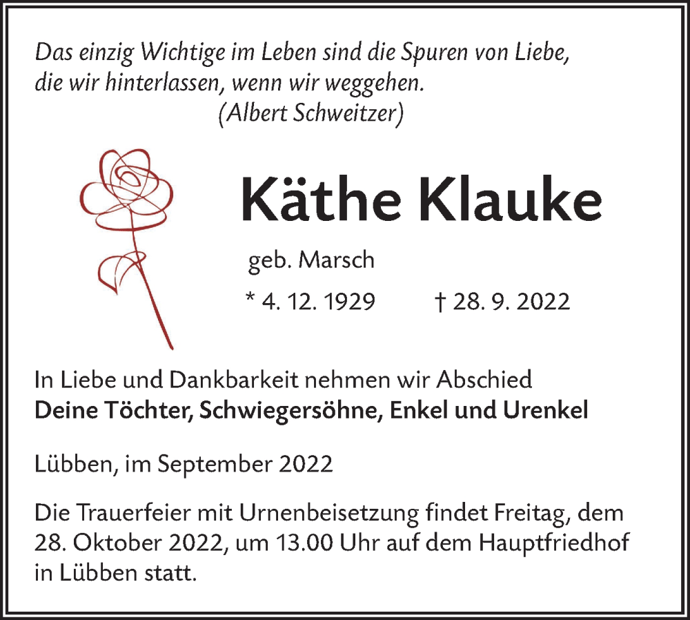  Traueranzeige für Käthe Klauke vom 06.10.2022 aus lausitzer_rundschau
