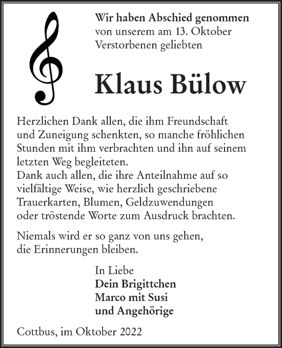 Traueranzeige von Klaus Bülow von lausitzer_rundschau