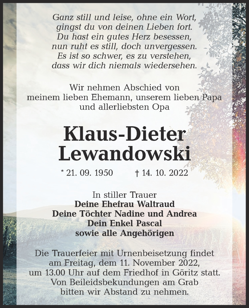  Traueranzeige für Klaus-Dieter Lewandowski vom 22.10.2022 aus lausitzer_rundschau