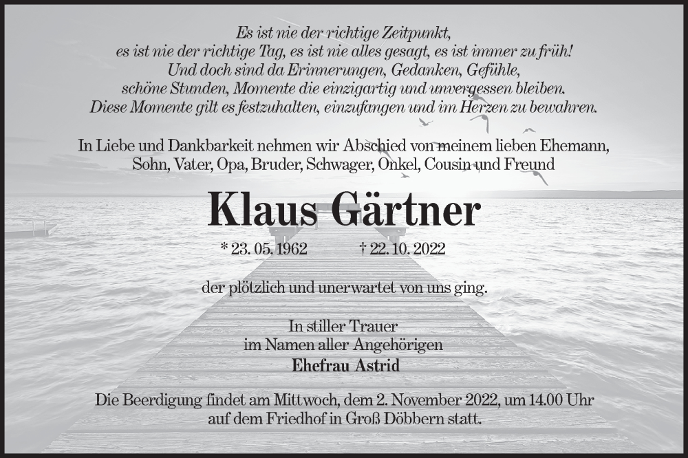  Traueranzeige für Klaus Gärtner vom 29.10.2022 aus lausitzer_rundschau