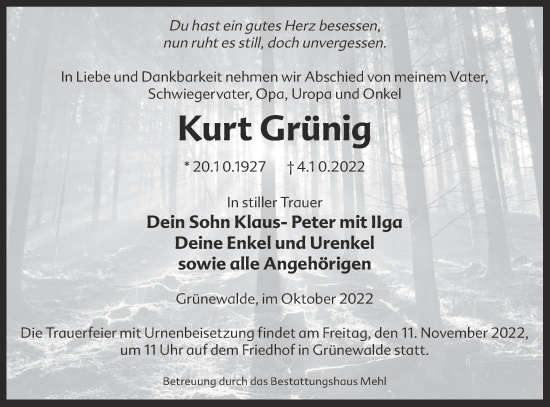 Traueranzeige von Kurt Grünig von lausitzer_rundschau