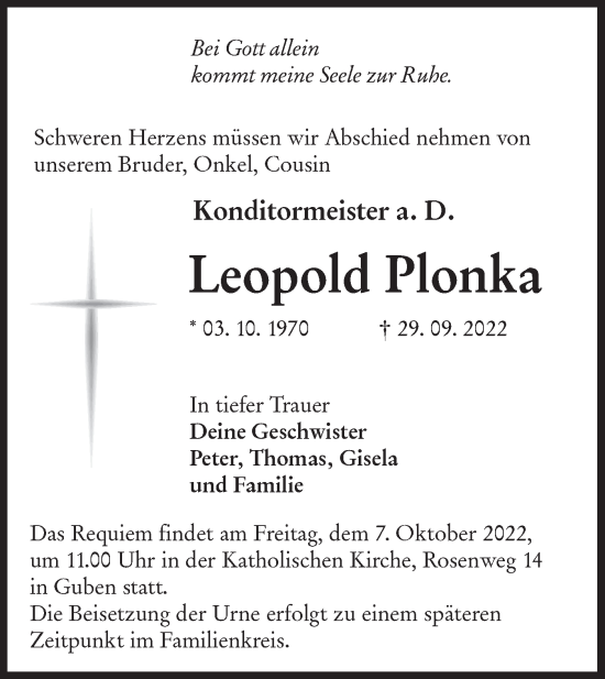 Traueranzeige von Leopold Plonka von lausitzer_rundschau