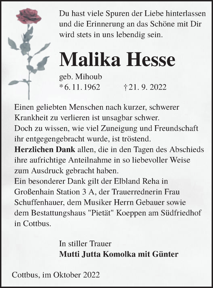  Traueranzeige für Malika Hesse vom 29.10.2022 aus lausitzer_rundschau