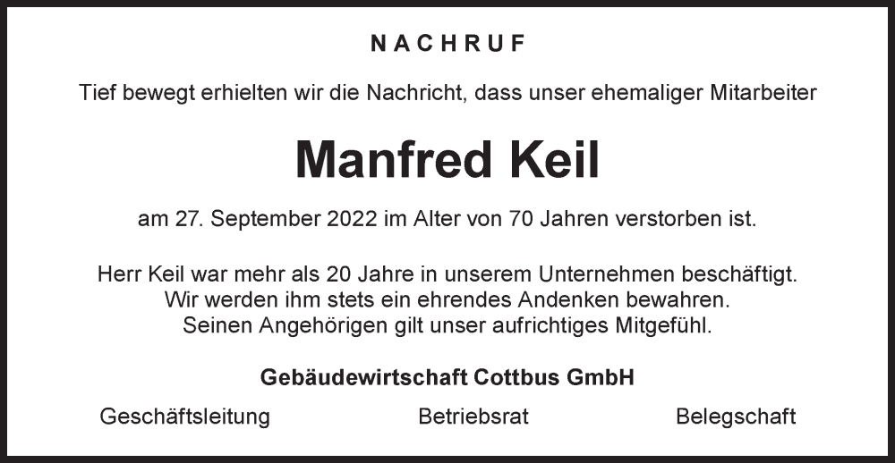  Traueranzeige für Manfred Keil vom 15.10.2022 aus lausitzer_rundschau