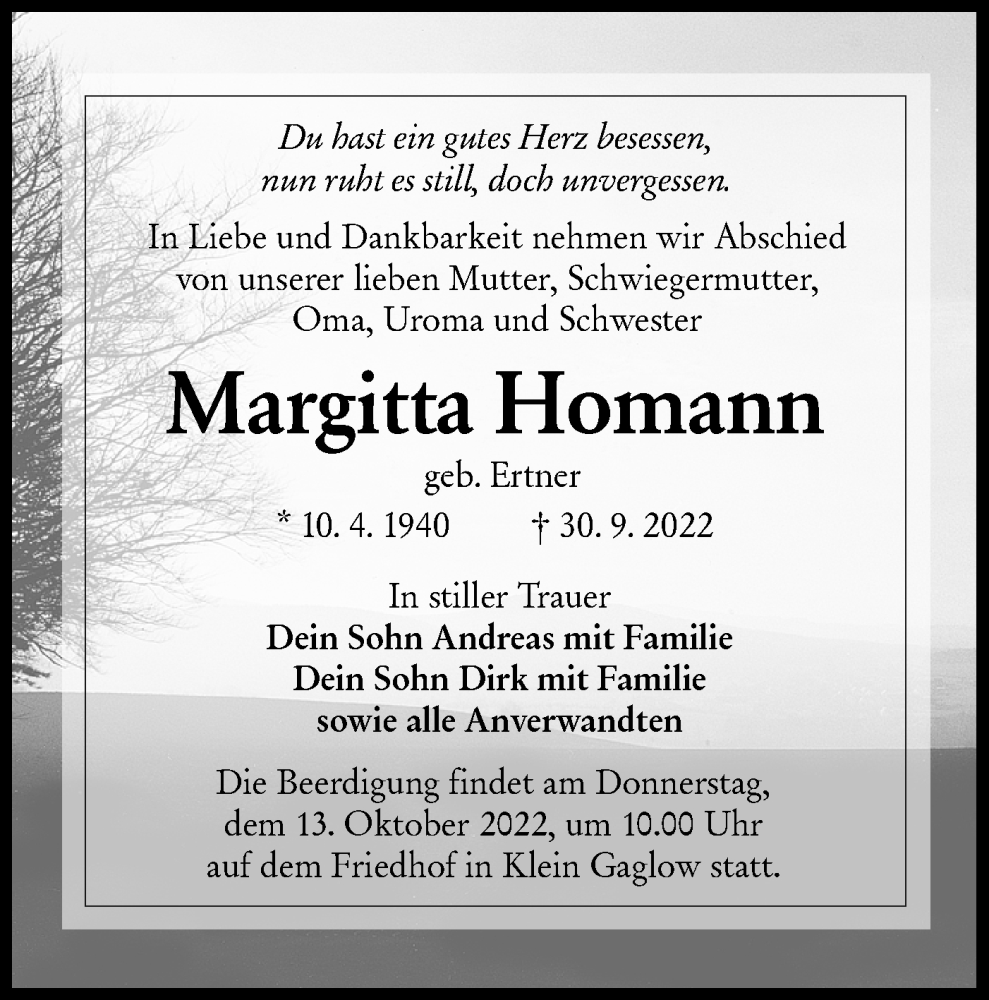  Traueranzeige für Margitta Homann vom 08.10.2022 aus lausitzer_rundschau