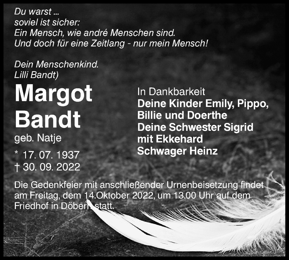  Traueranzeige für Margot Bandt vom 08.10.2022 aus lausitzer_rundschau