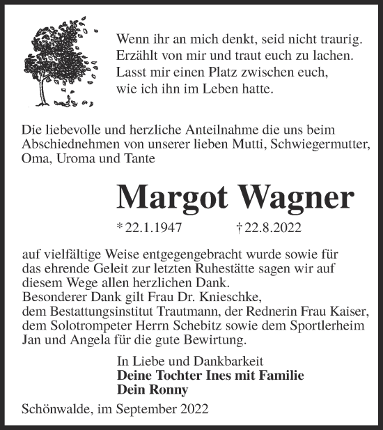 Traueranzeige von Margot Wagner von lausitzer_rundschau
