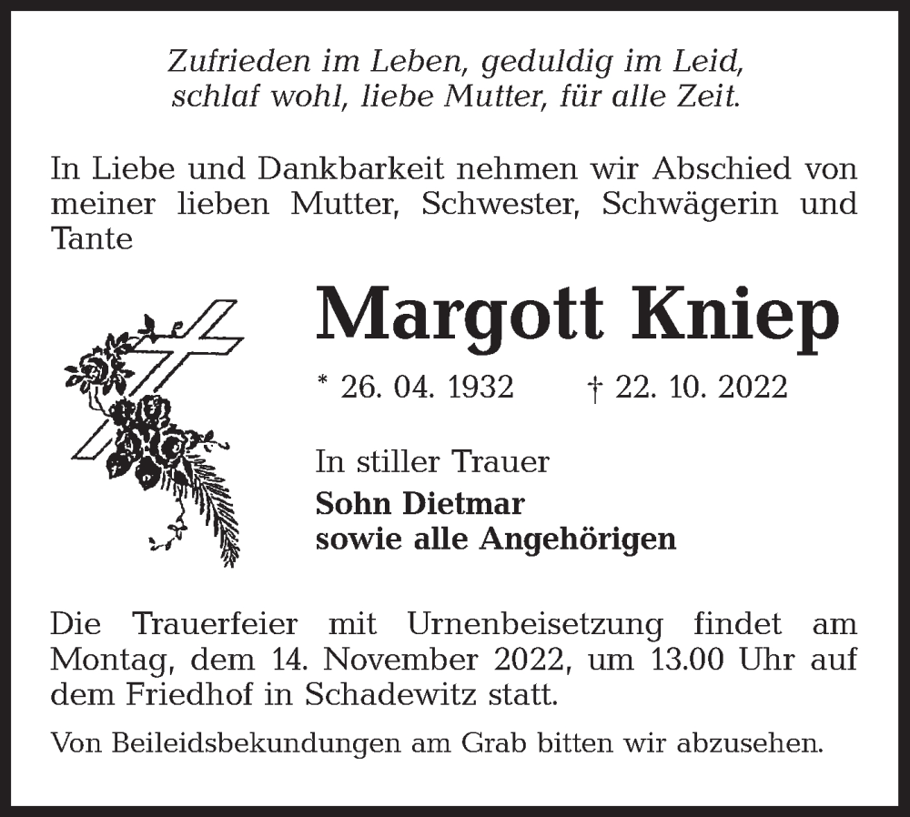  Traueranzeige für Margott Kniep vom 29.10.2022 aus lausitzer_rundschau
