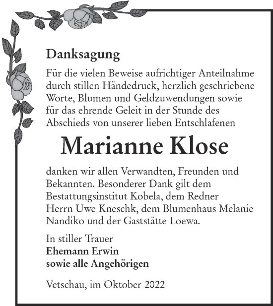 Traueranzeige von Marianne Klose von lausitzer_rundschau