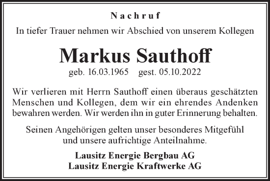 Traueranzeige von Markus Sauthoff von lausitzer_rundschau