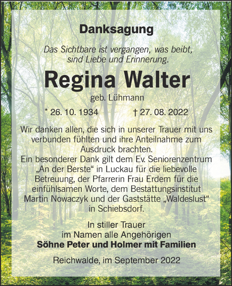  Traueranzeige für Regina Walter vom 08.10.2022 aus lausitzer_rundschau