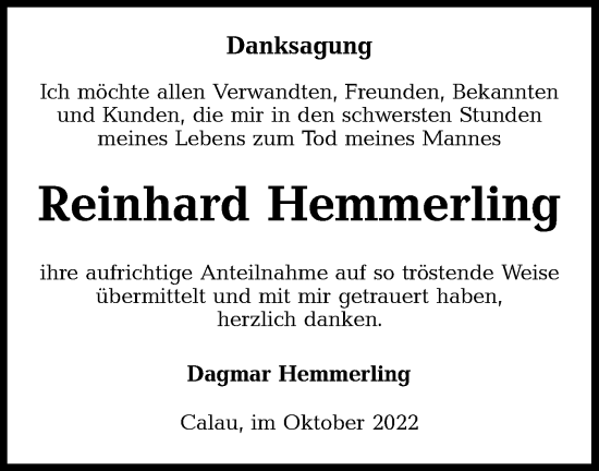 Traueranzeige von Reinhard Hemmerling von lausitzer_rundschau