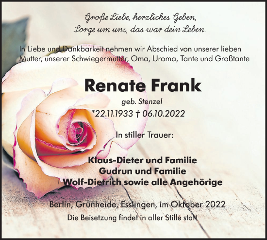 Traueranzeige von Renate Frank von lausitzer_rundschau