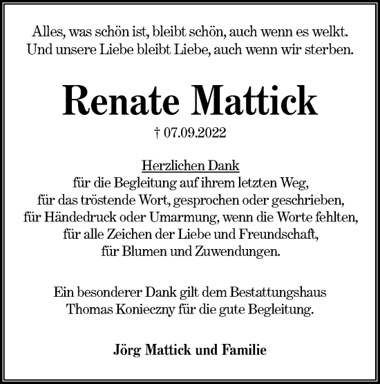 Traueranzeige von Renate Mattick von lausitzer_rundschau