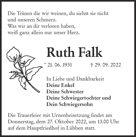 Traueranzeige von Ruth Falk von lausitzer_rundschau