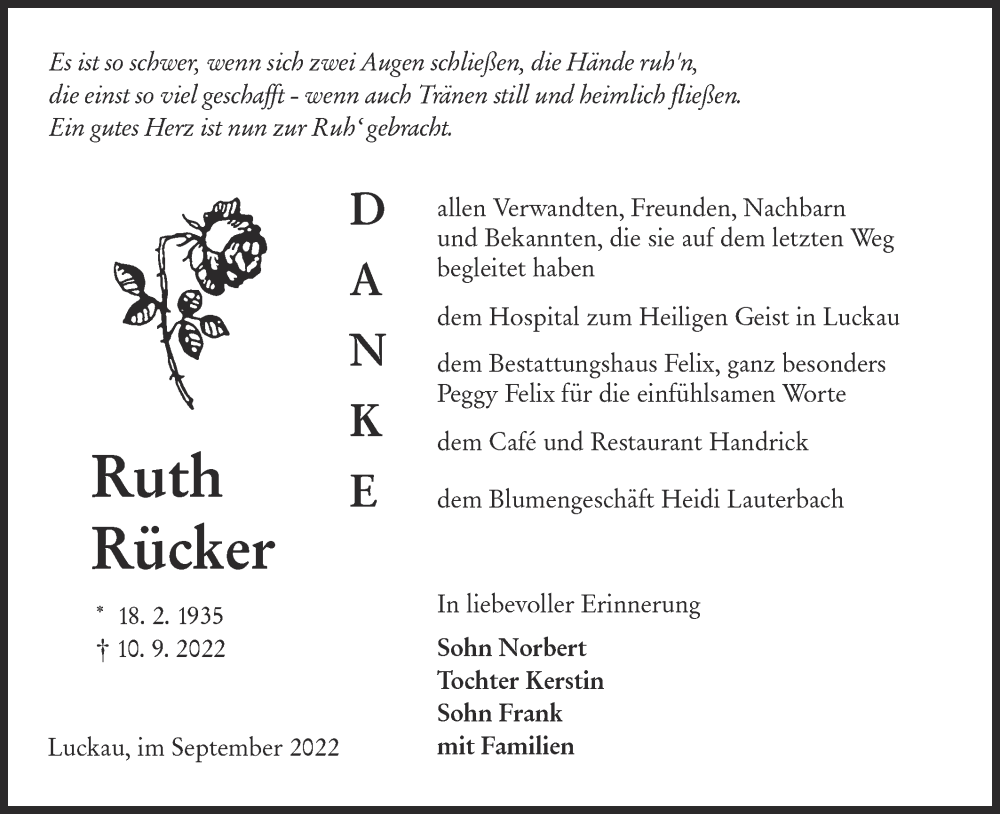  Traueranzeige für Ruth Rücker vom 08.10.2022 aus lausitzer_rundschau