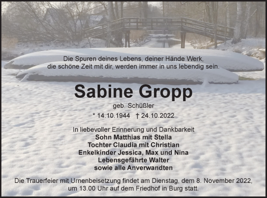 Traueranzeige von Sabine Gropp von lausitzer_rundschau