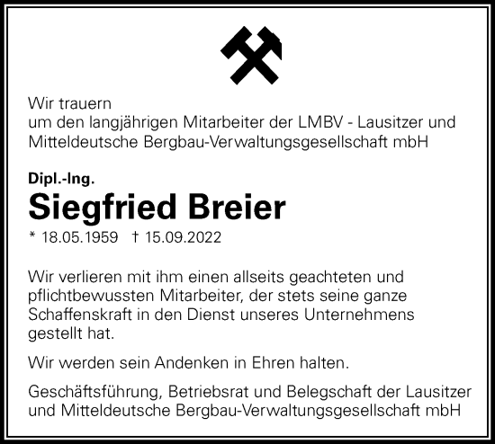 Traueranzeige von Siegfried Breier von lausitzer_rundschau