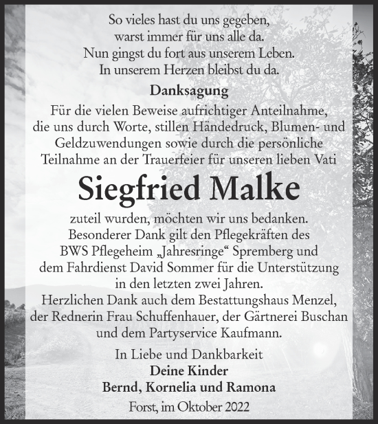 Traueranzeige von Siegfried Malke von lausitzer_rundschau