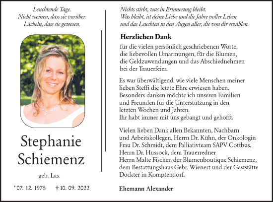 Traueranzeige von Stephanie Schiemenz von lausitzer_rundschau