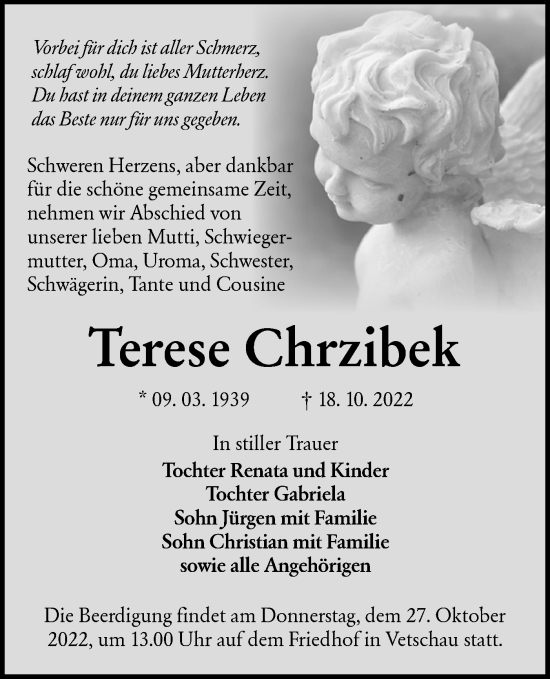 Traueranzeige von Terese Chrzibek von lausitzer_rundschau