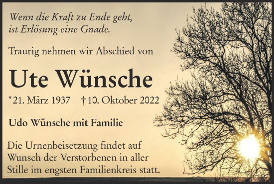Traueranzeige von Ute Wünsche von lausitzer_rundschau