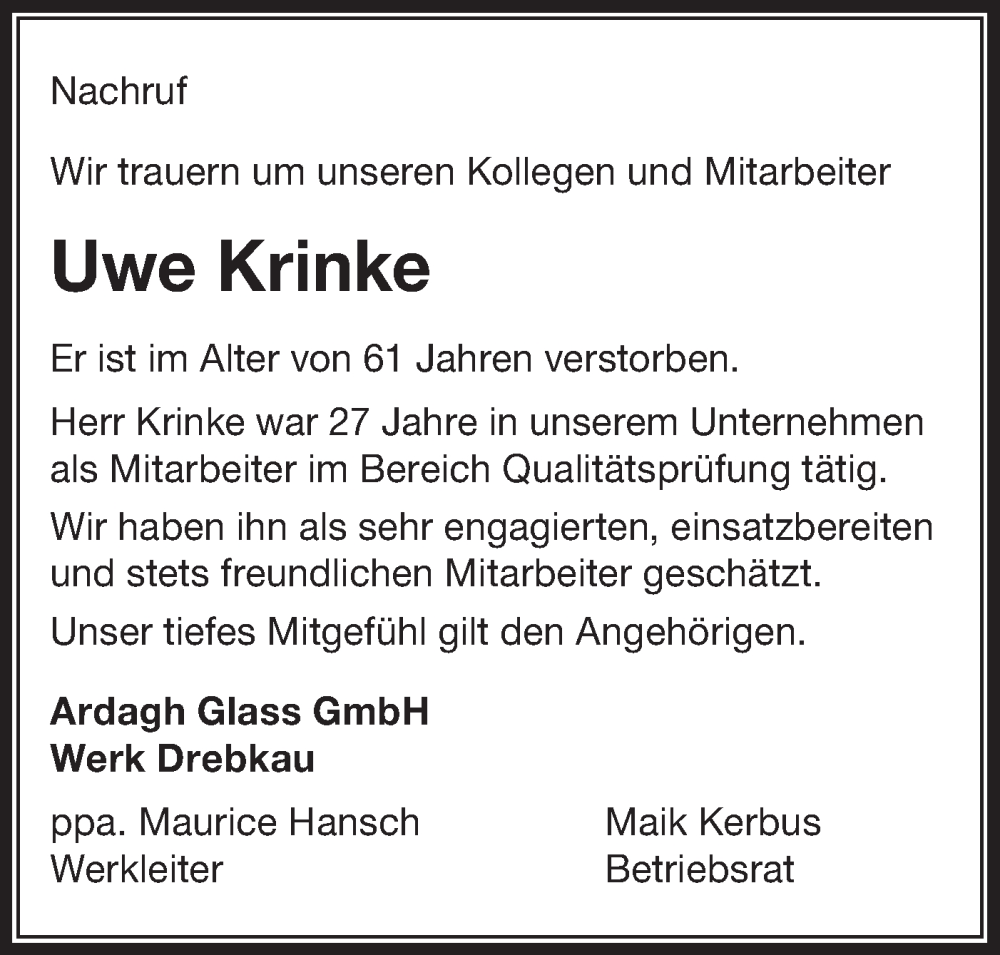  Traueranzeige für Uwe Krinke vom 22.10.2022 aus lausitzer_rundschau