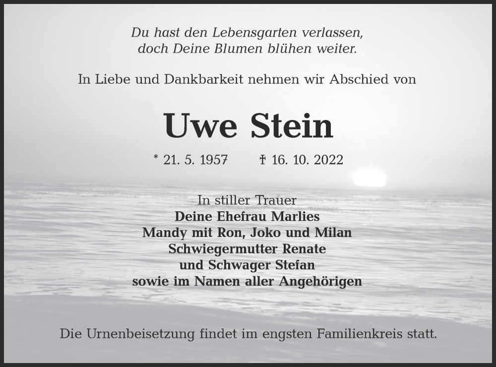  Traueranzeige für Uwe Stein vom 22.10.2022 aus lausitzer_rundschau