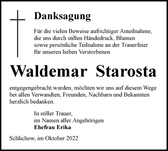 Traueranzeige von Waldemar Starosta von lausitzer_rundschau