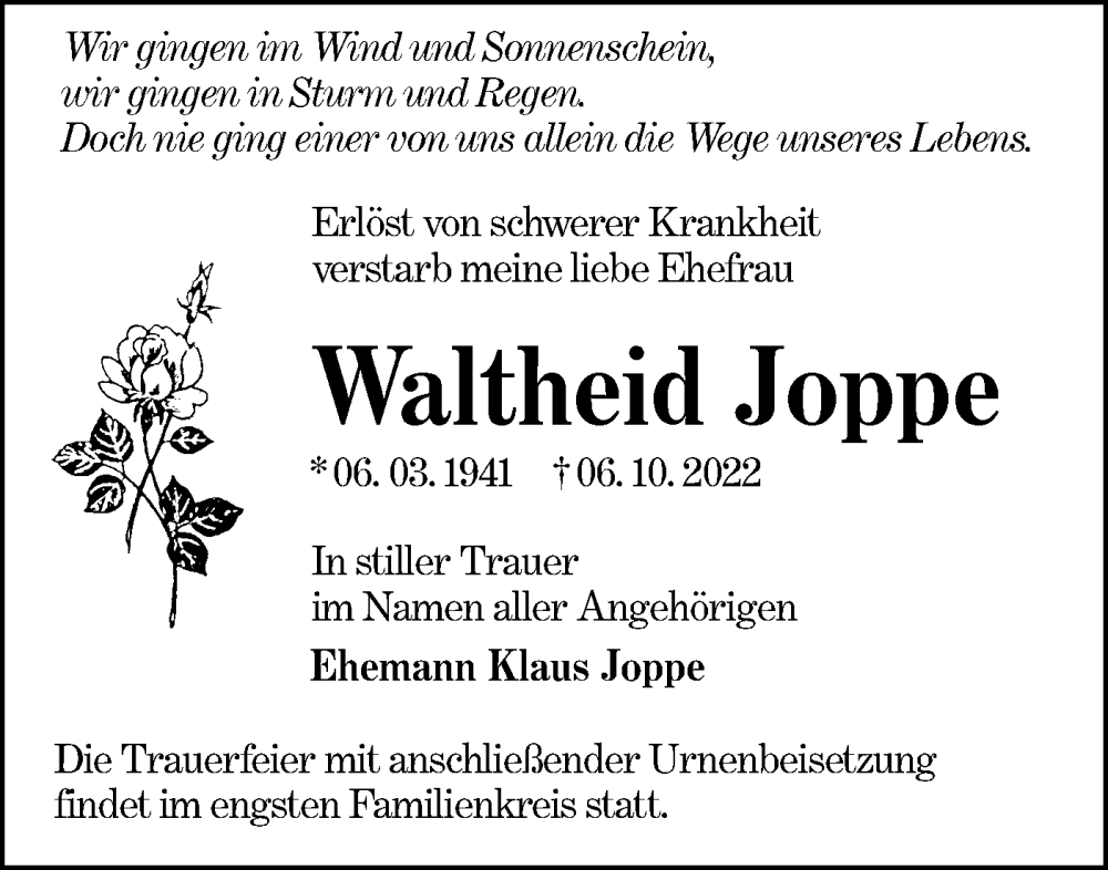  Traueranzeige für Waltheid Joppe vom 15.10.2022 aus lausitzer_rundschau