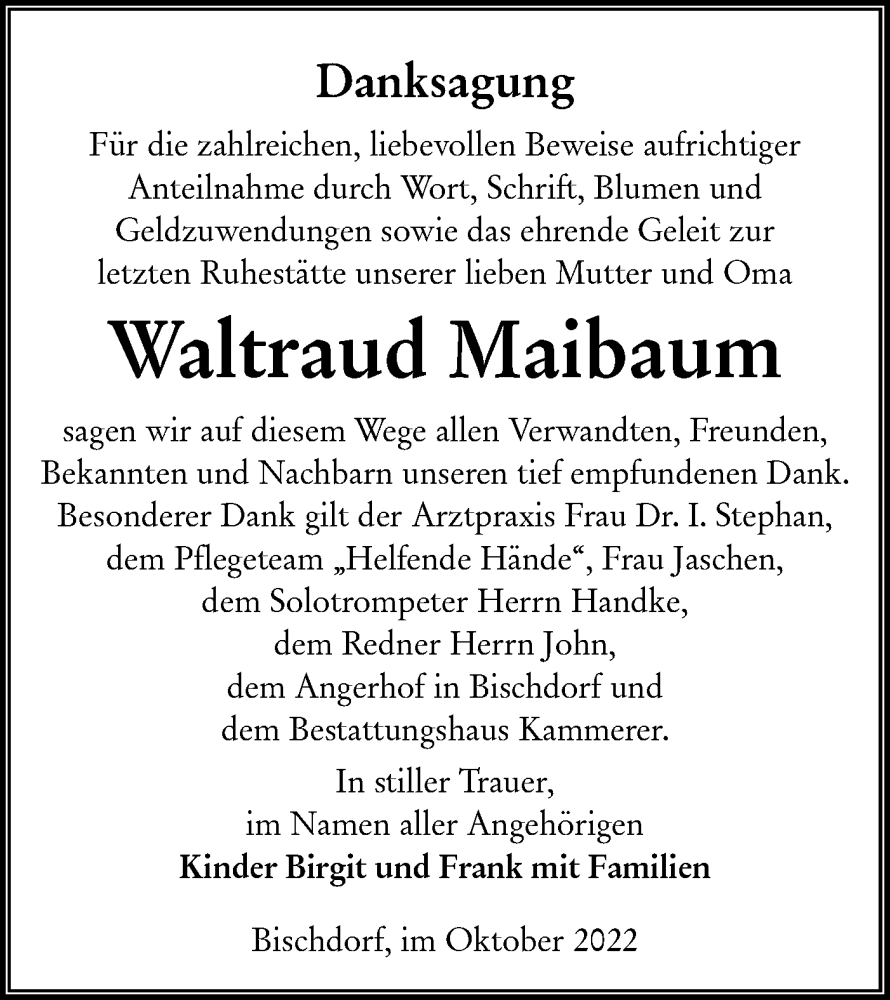  Traueranzeige für Waltraud Maibaum vom 22.10.2022 aus lausitzer_rundschau