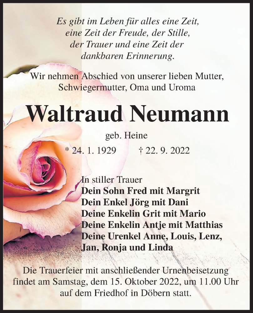  Traueranzeige für Waltraud Neumann vom 08.10.2022 aus lausitzer_rundschau
